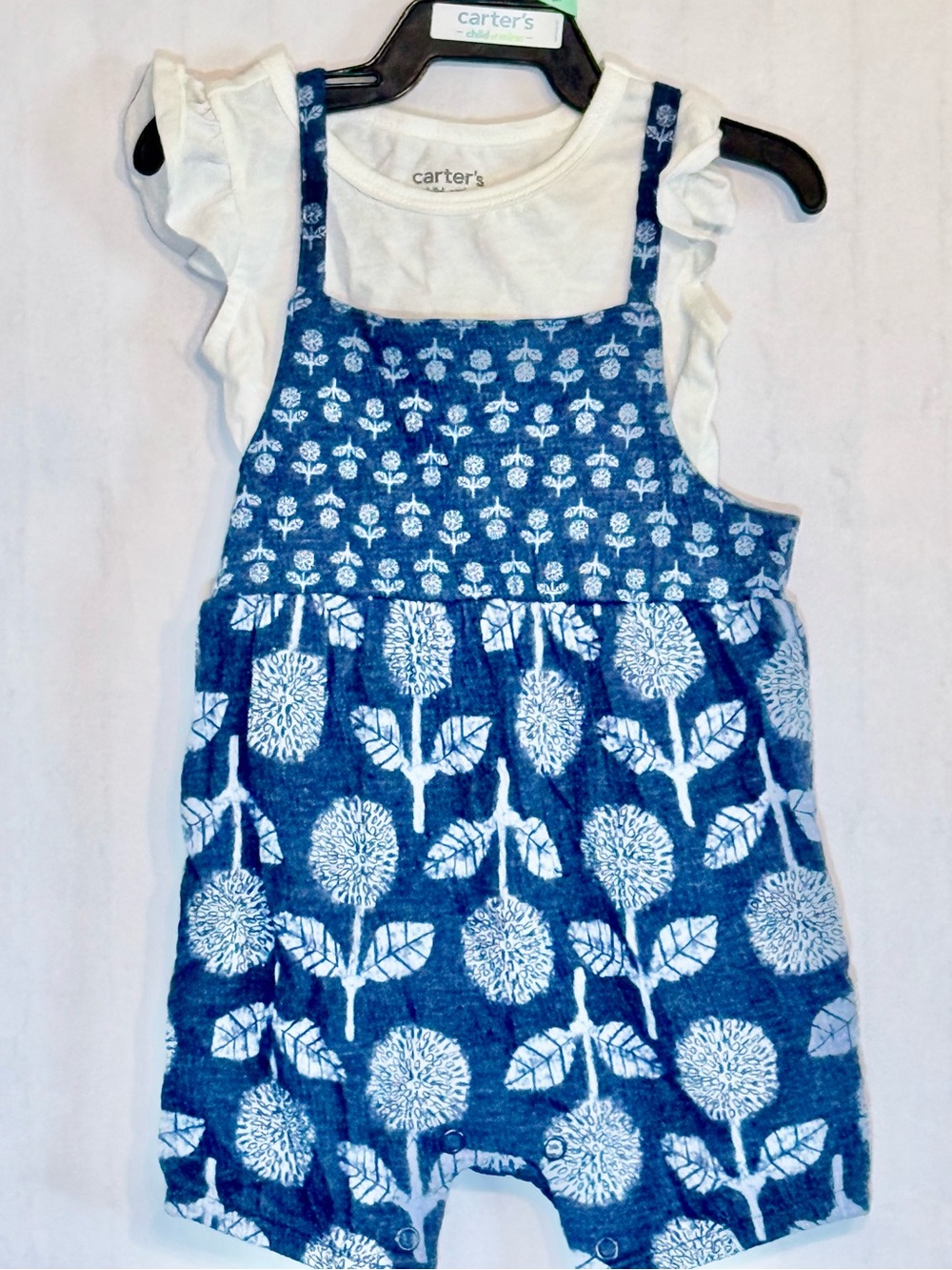 Carter's Blue Floral Overall Romper with White Ruffle Tee